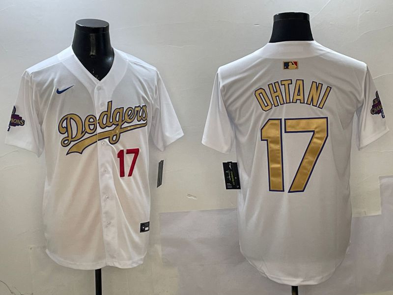Men Los Angeles Dodgers 17 Ohtani White Champion gold character 2025 Nike MLB Jersey style 24